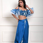 Cobalt Blue Ruffle Sleeve Crop Top with Satin Silk Draped Skirt 
