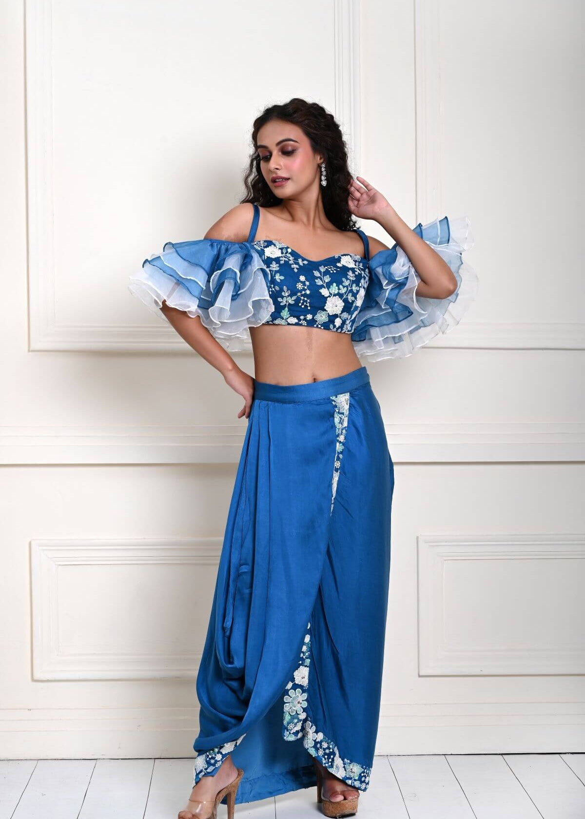 Cobalt Blue Ruffle Sleeve Crop Top with Satin Silk Draped Skirt 
