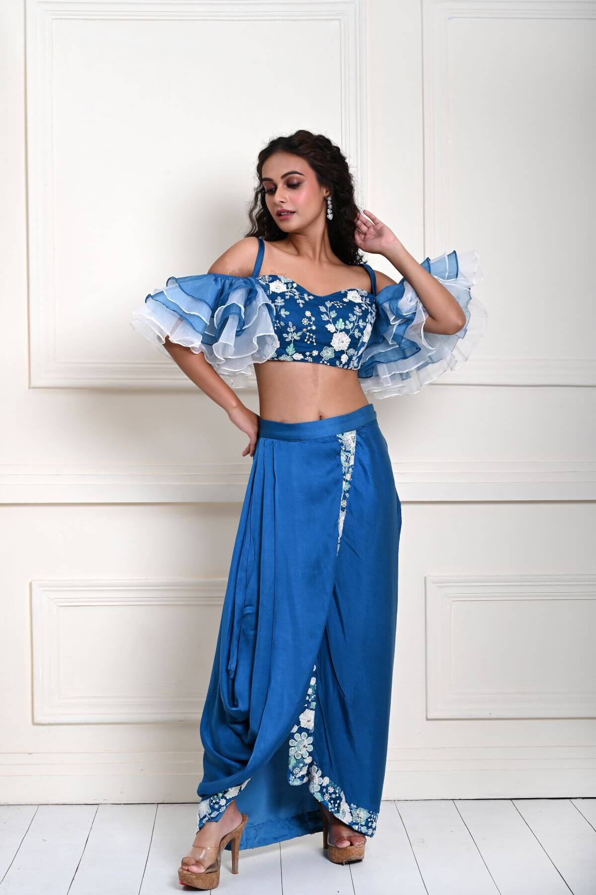 Cobalt Blue Ruffle Sleeve Crop Top with Satin Silk Draped Skirt 
