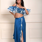 Cobalt Blue Ruffle Sleeve Crop Top with Satin Silk Draped Skirt 
