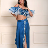 Cobalt Blue Ruffle Sleeve Crop Top with Satin Silk Draped Skirt 
