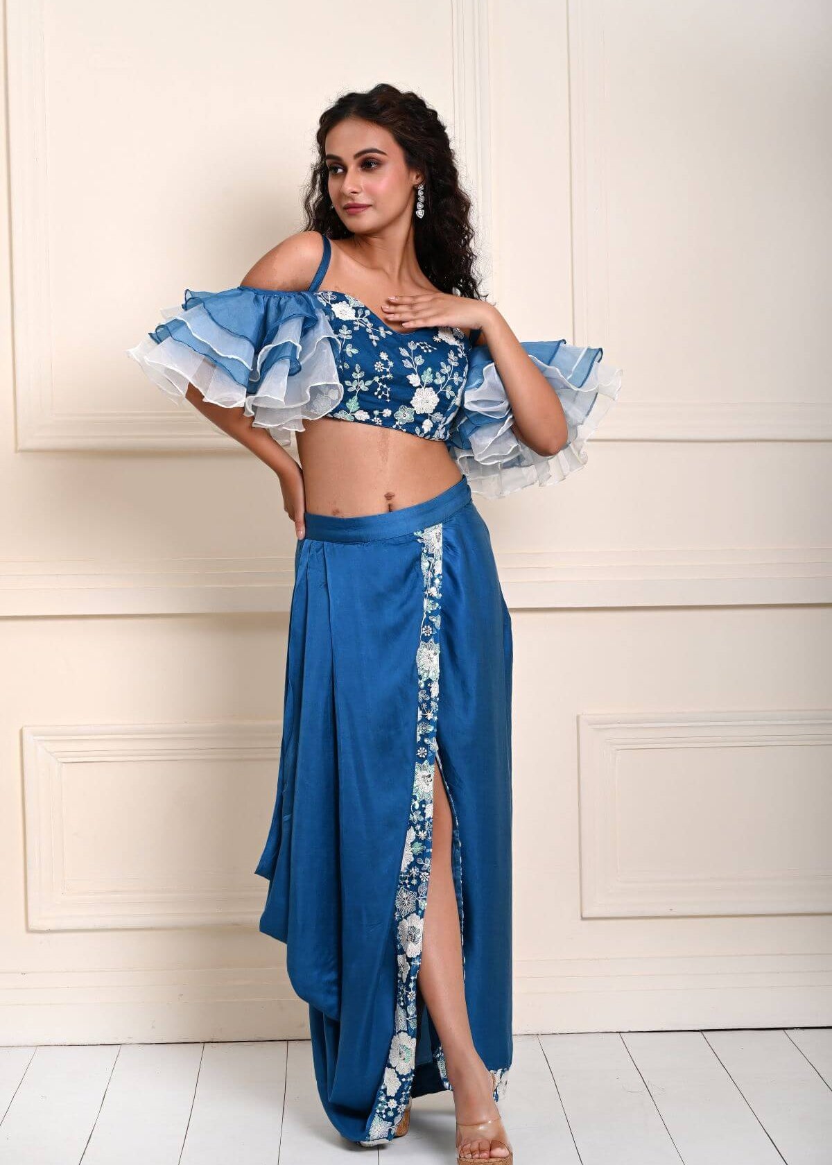 Cobalt Blue Ruffle Sleeve Crop Top with Satin Silk Draped Skirt 
