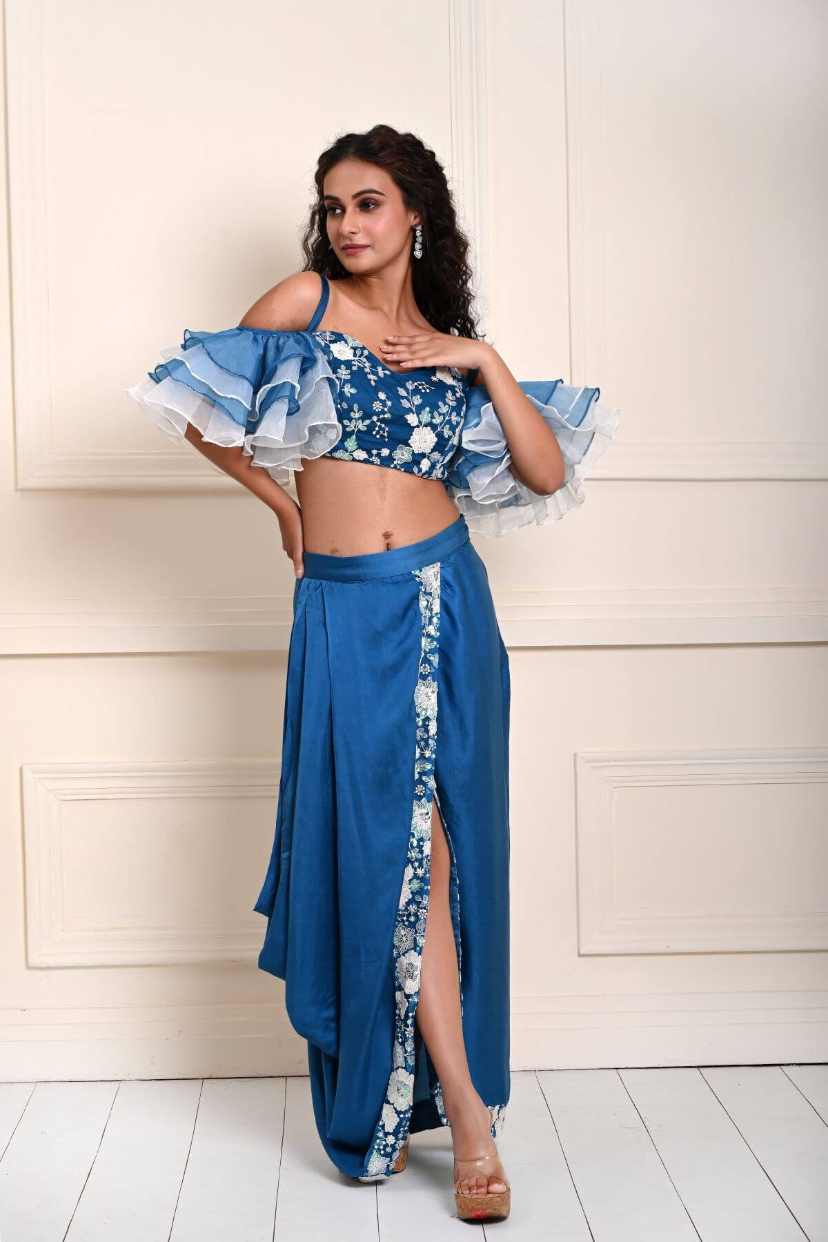 Cobalt Blue Ruffle Sleeve Crop Top with Satin Silk Draped Skirt 
