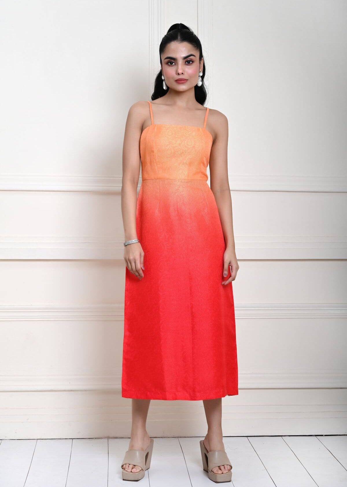 Peach and Pink Ombre Midi Dress with Spaghetti Straps 