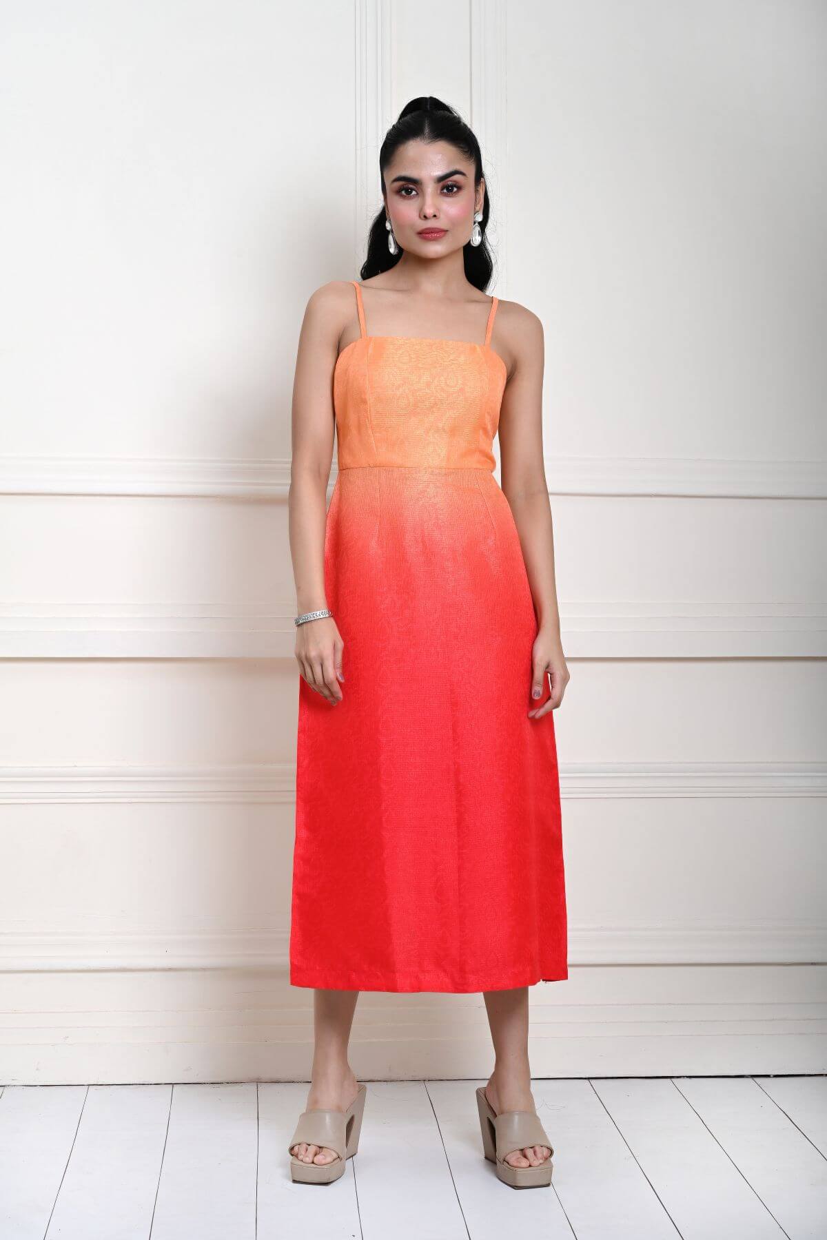 Peach and Pink Ombre Midi Dress with Spaghetti Straps 