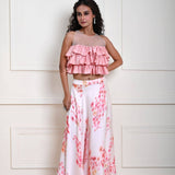 Pink Ruffle Top with Off white Printed Skirt in Satin Organza