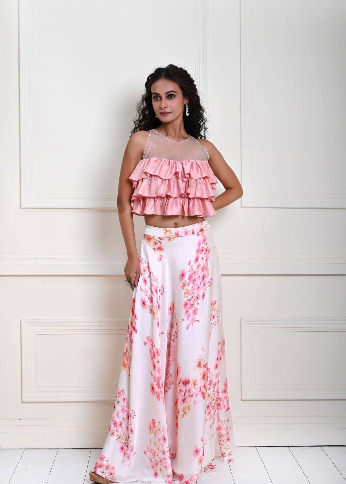 Pink Ruffle Top with Off white Printed Skirt in Satin Organza