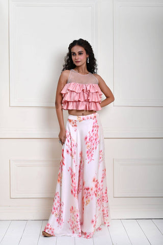 Pink Ruffle Top with Off white Printed Skirt in Satin Organza