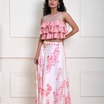 Pink Ruffle Top with Off white Printed Skirt in Satin Organza