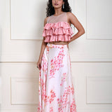 Pink Ruffle Top with Off white Printed Skirt in Satin Organza