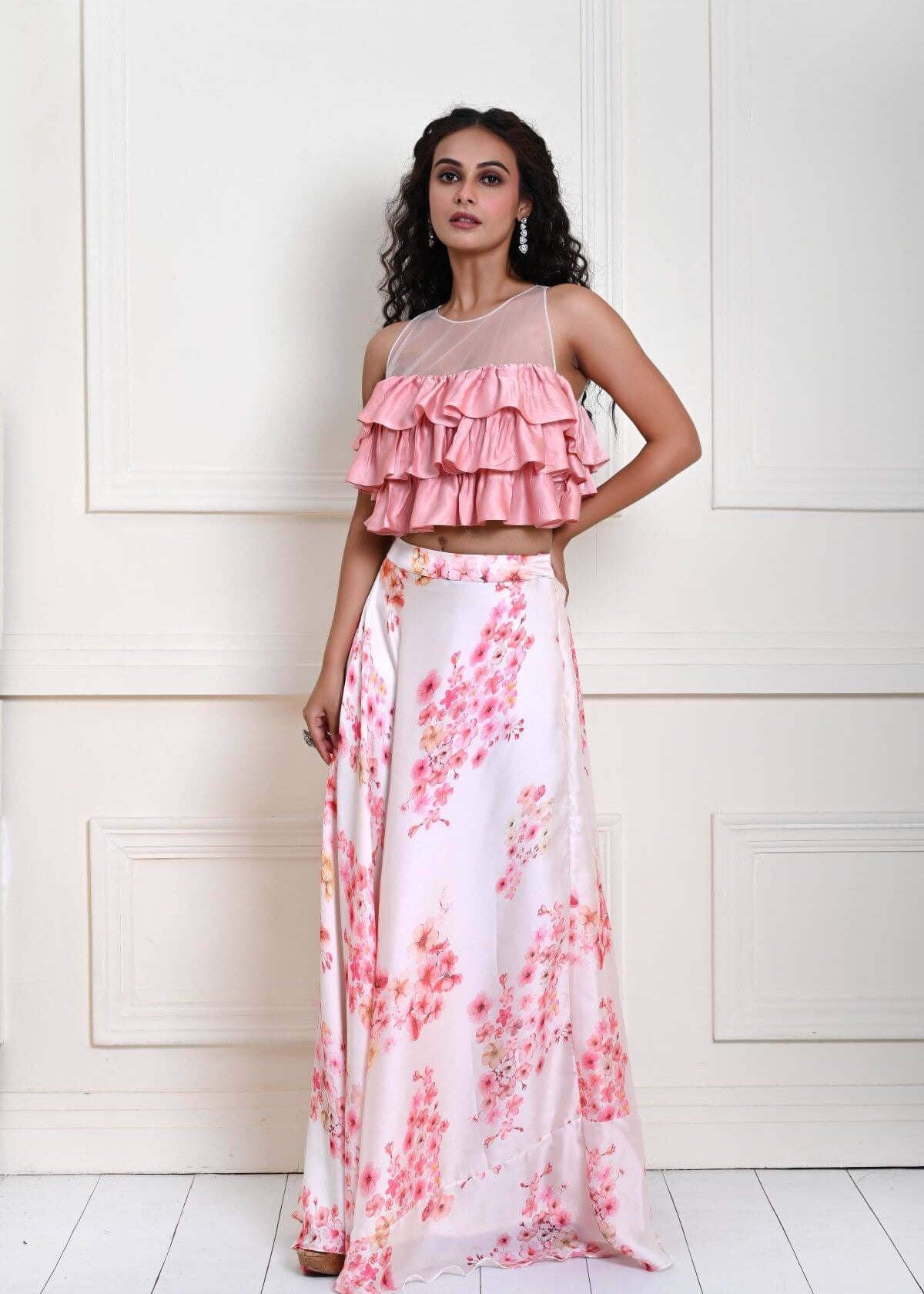 Pink Ruffle Top with Off white Printed Skirt in Satin Organza