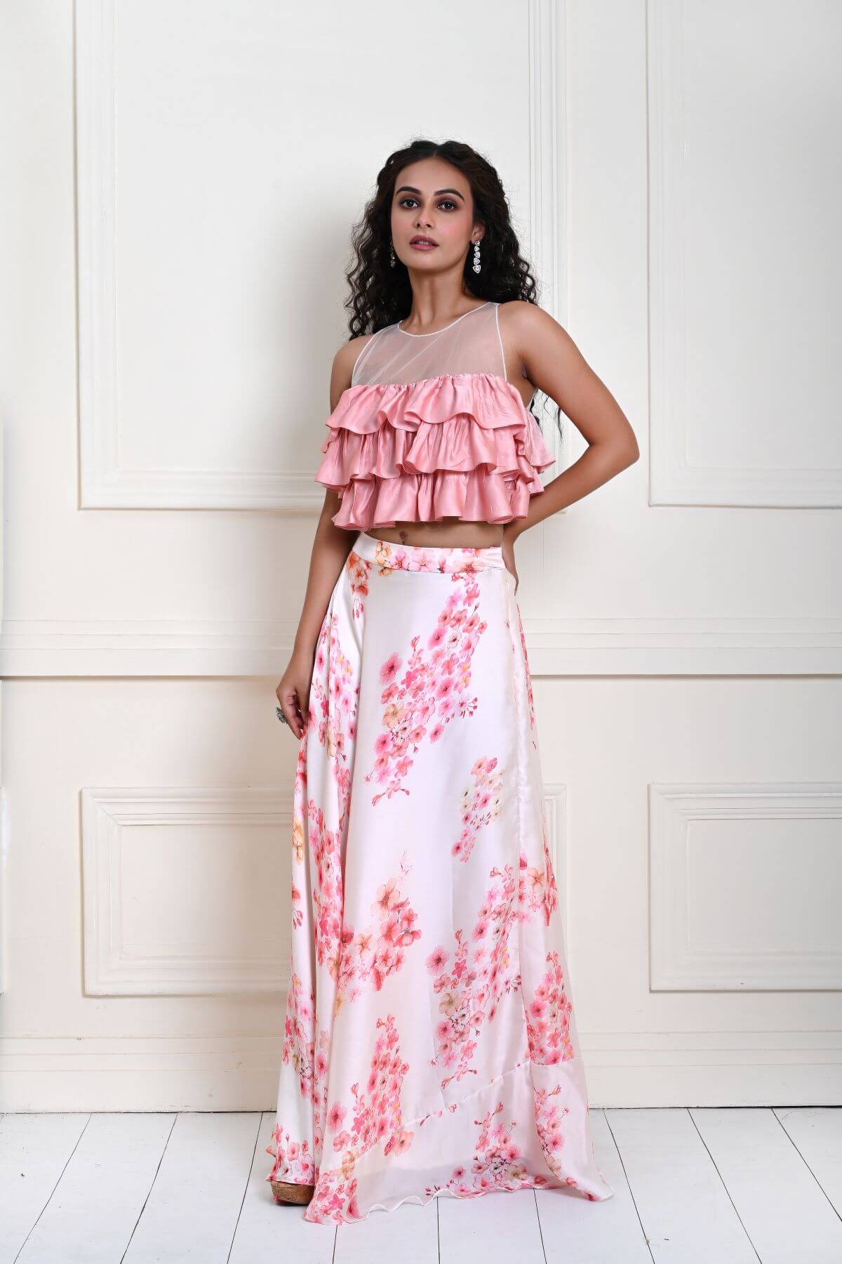 Pink Ruffle Top with Off white Printed Skirt in Satin Organza