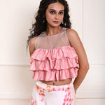 Pink Ruffle Top with Off white Printed Skirt in Satin Organza