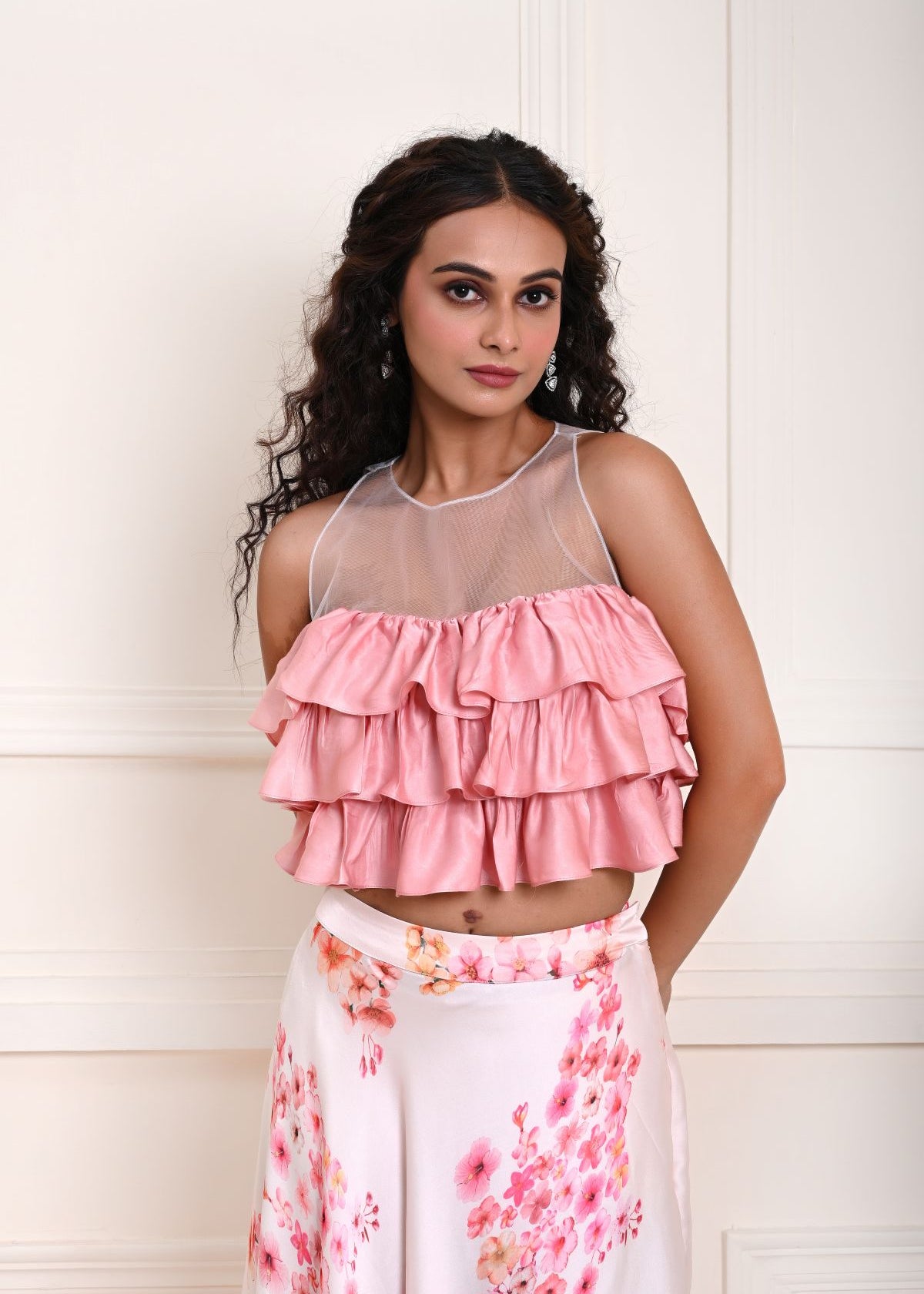 Pink Ruffle Top with Off white Printed Skirt in Satin Organza