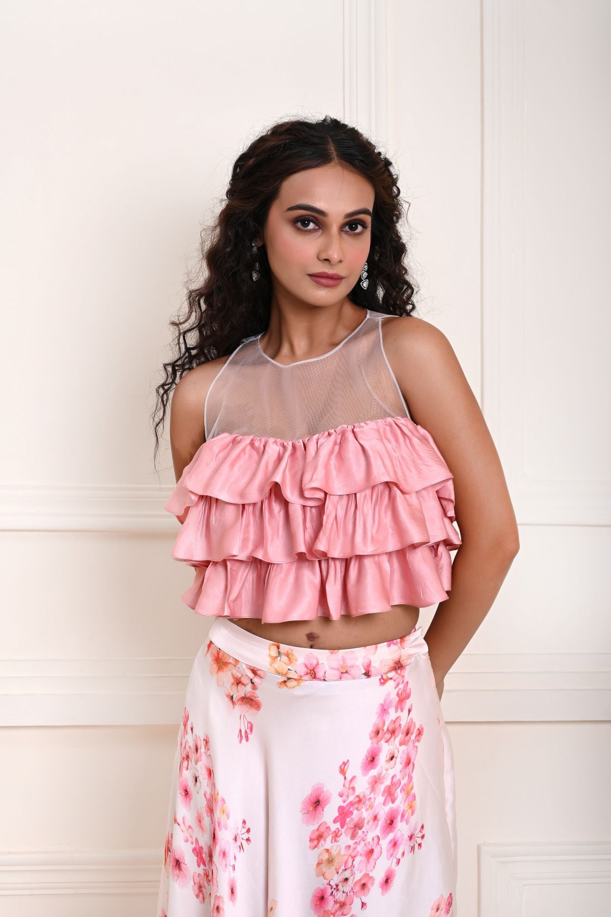 Pink Ruffle Top with Off white Printed Skirt in Satin Organza