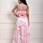 Pink Ruffle Top with Off white Printed Skirt in Satin Organza