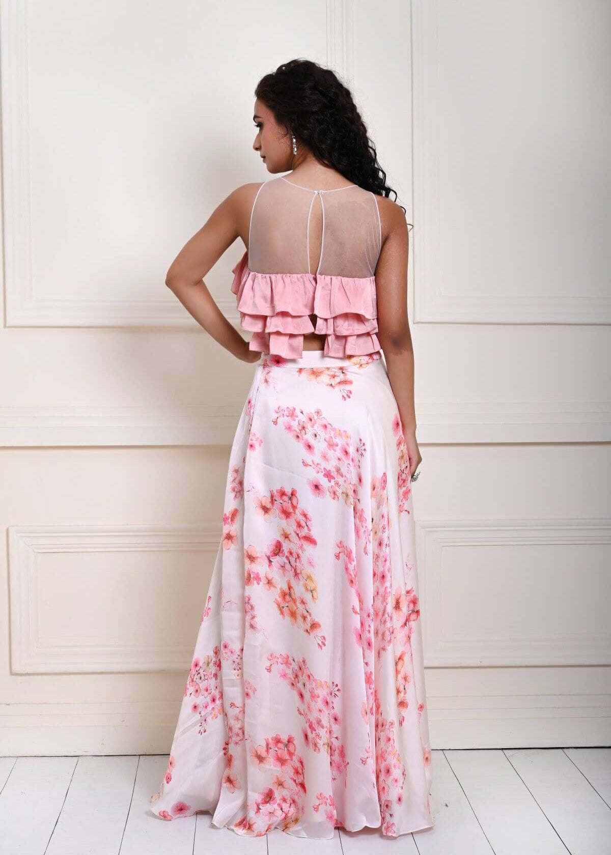 Pink Ruffle Top with Off white Printed Skirt in Satin Organza