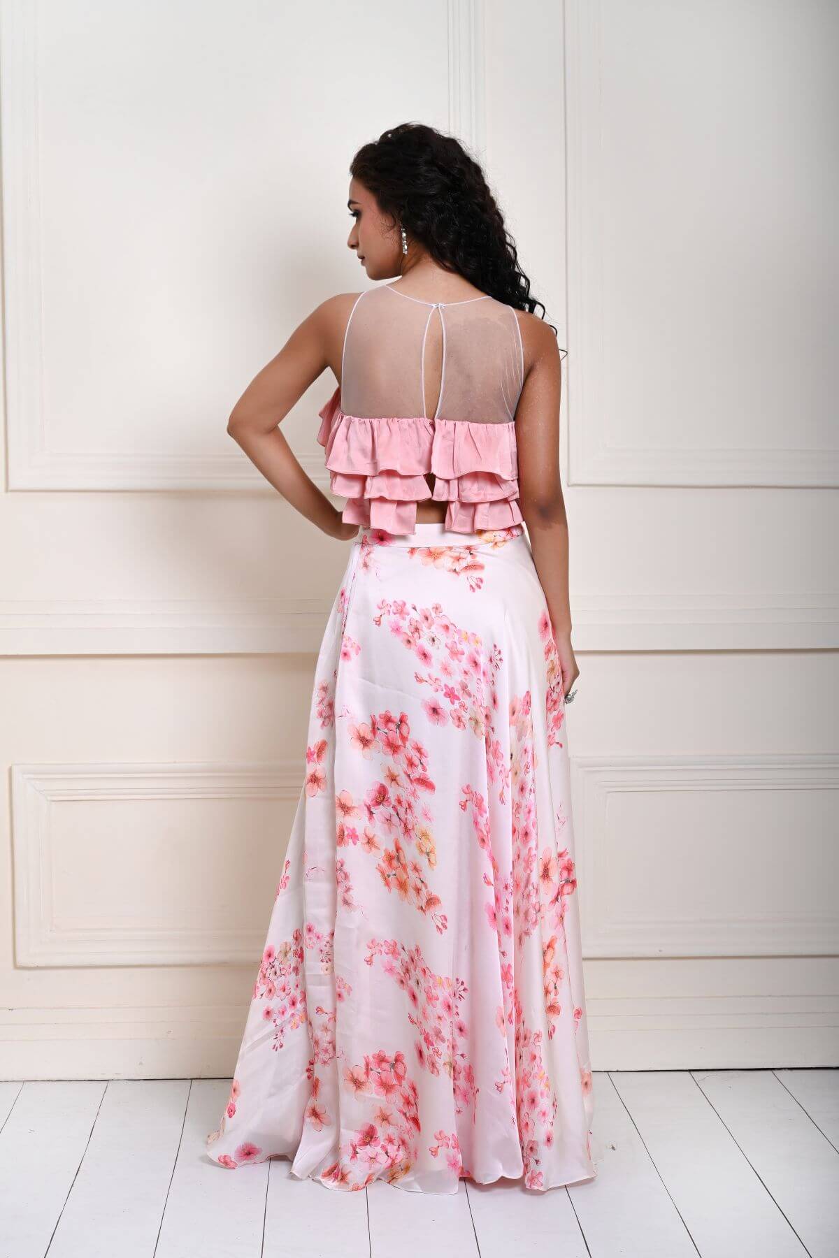 Pink Ruffle Top with Off white Printed Skirt in Satin Organza