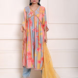 Multicolor Printed Alia Cut Kurti Set in Silk