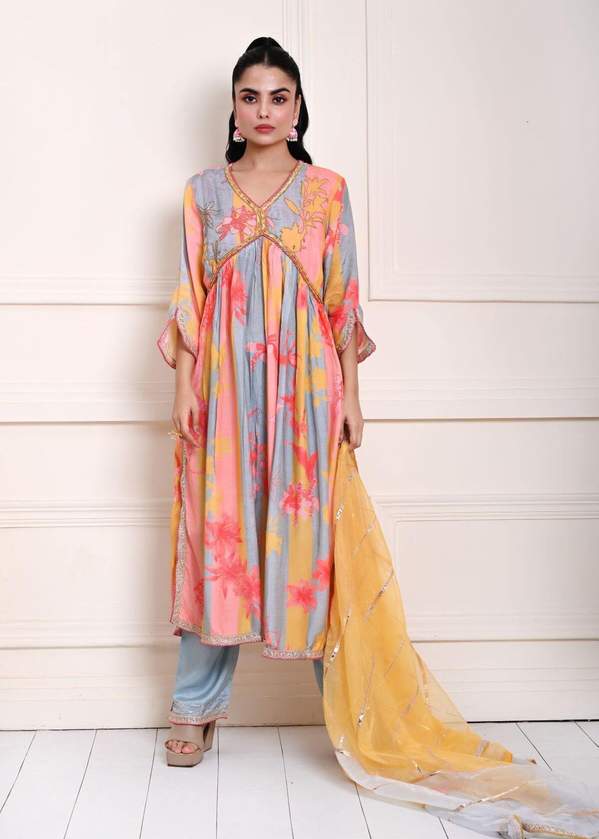 Multicolor Printed Alia Cut Kurti Set in Silk