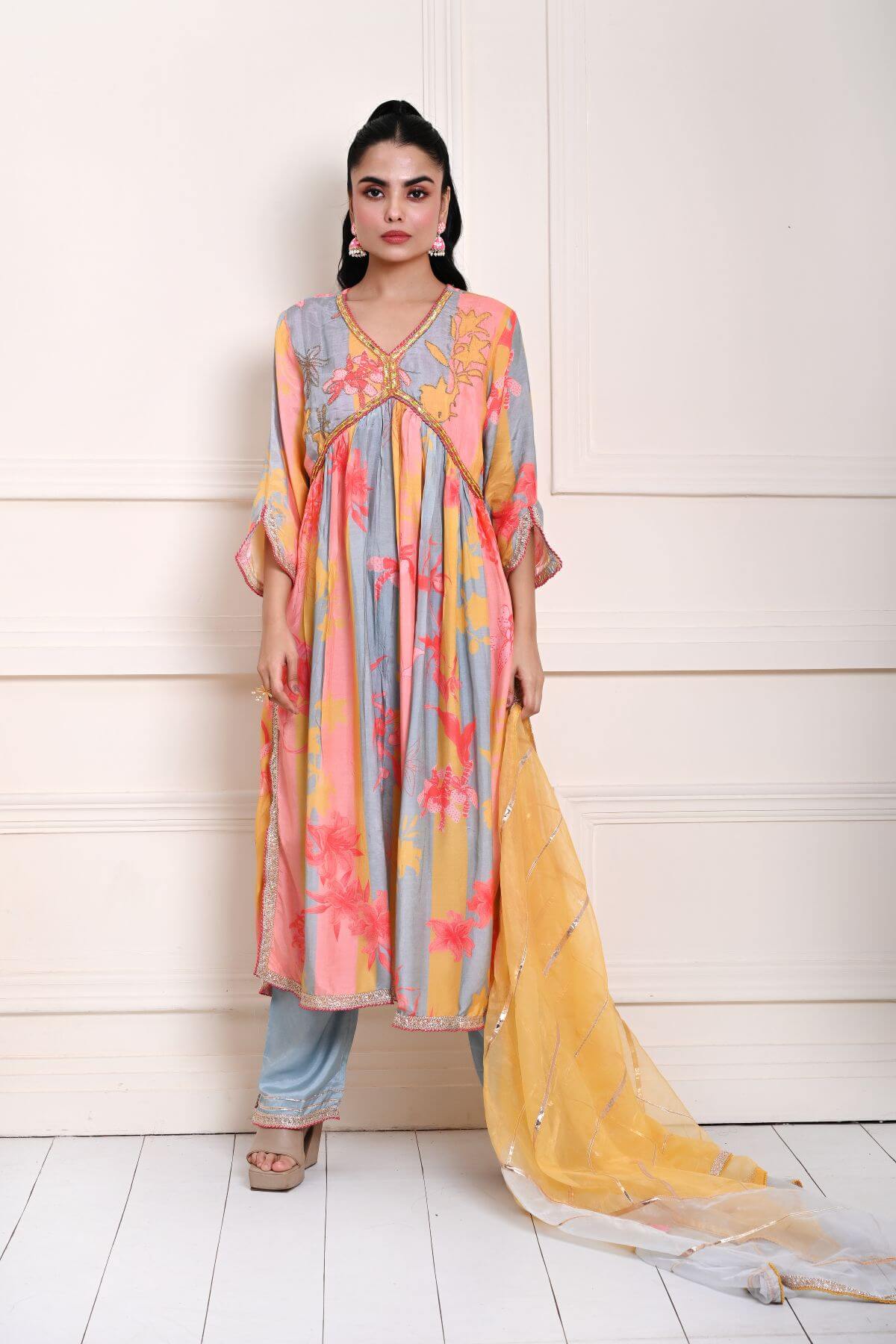 Multicolor Printed Alia Cut Kurti Set in Silk