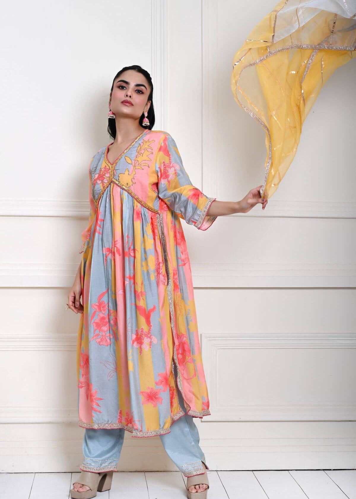 Multicolor Printed Alia Cut Kurti Set in Silk