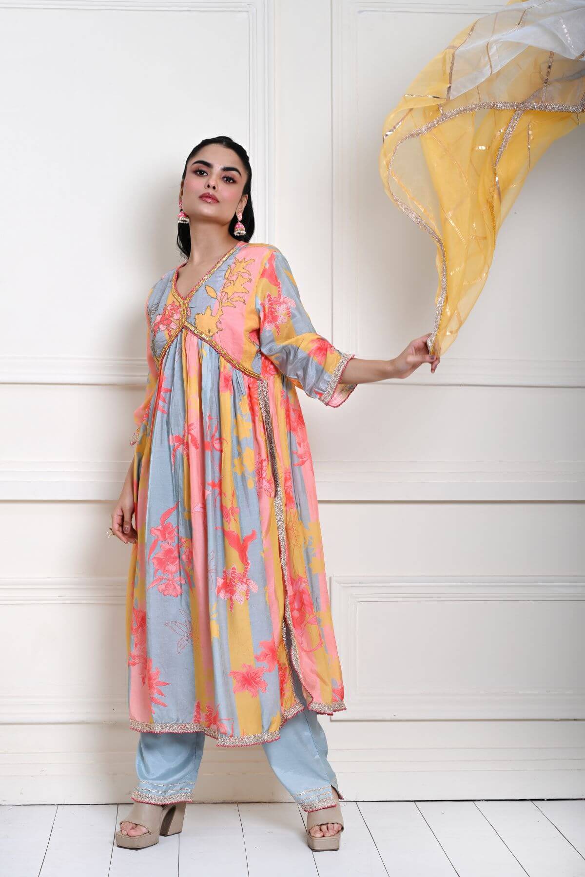 Multicolor Printed Alia Cut Kurti Set in Silk