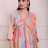 Multicolor Printed Alia Cut Kurti Set in Silk