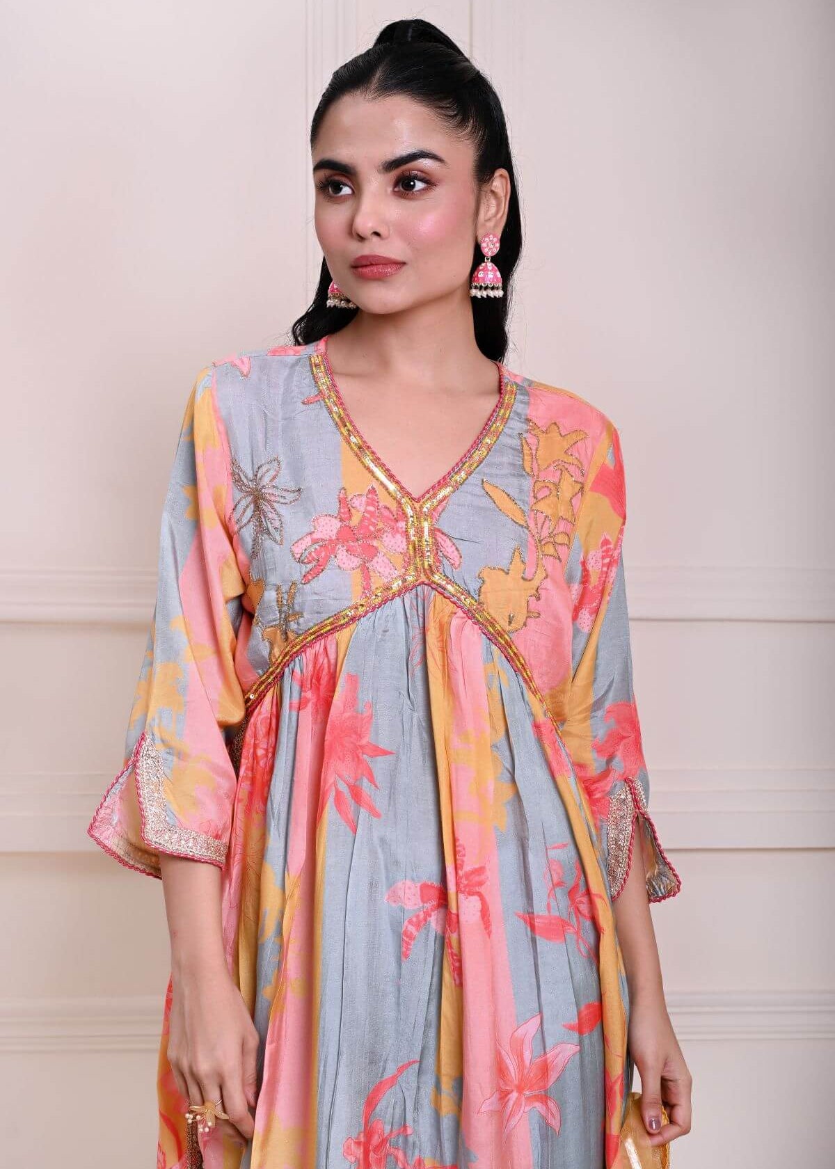 Multicolor Printed Alia Cut Kurti Set in Silk