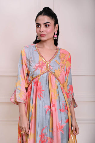 Multicolor Printed Alia Cut Kurti Set in Silk