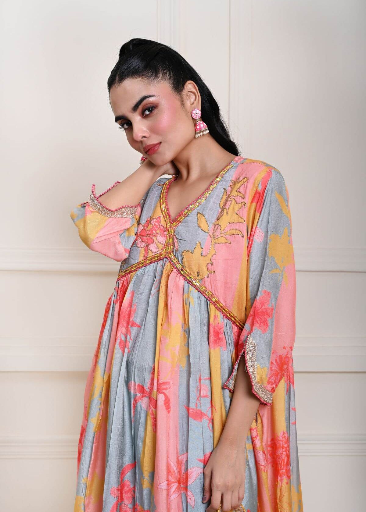 Multicolor Printed Alia Cut Kurti Set in Silk