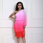 Pink Ombre One-Shoulder Knee Length Dress with Side Slit
