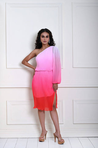 Pink Ombre One-Shoulder Knee Length Dress with Side Slit