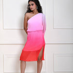 Pink Ombre One-Shoulder Knee Length Dress with Side Slit
