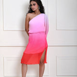 Pink Ombre One-Shoulder Knee Length Dress with Side Slit
