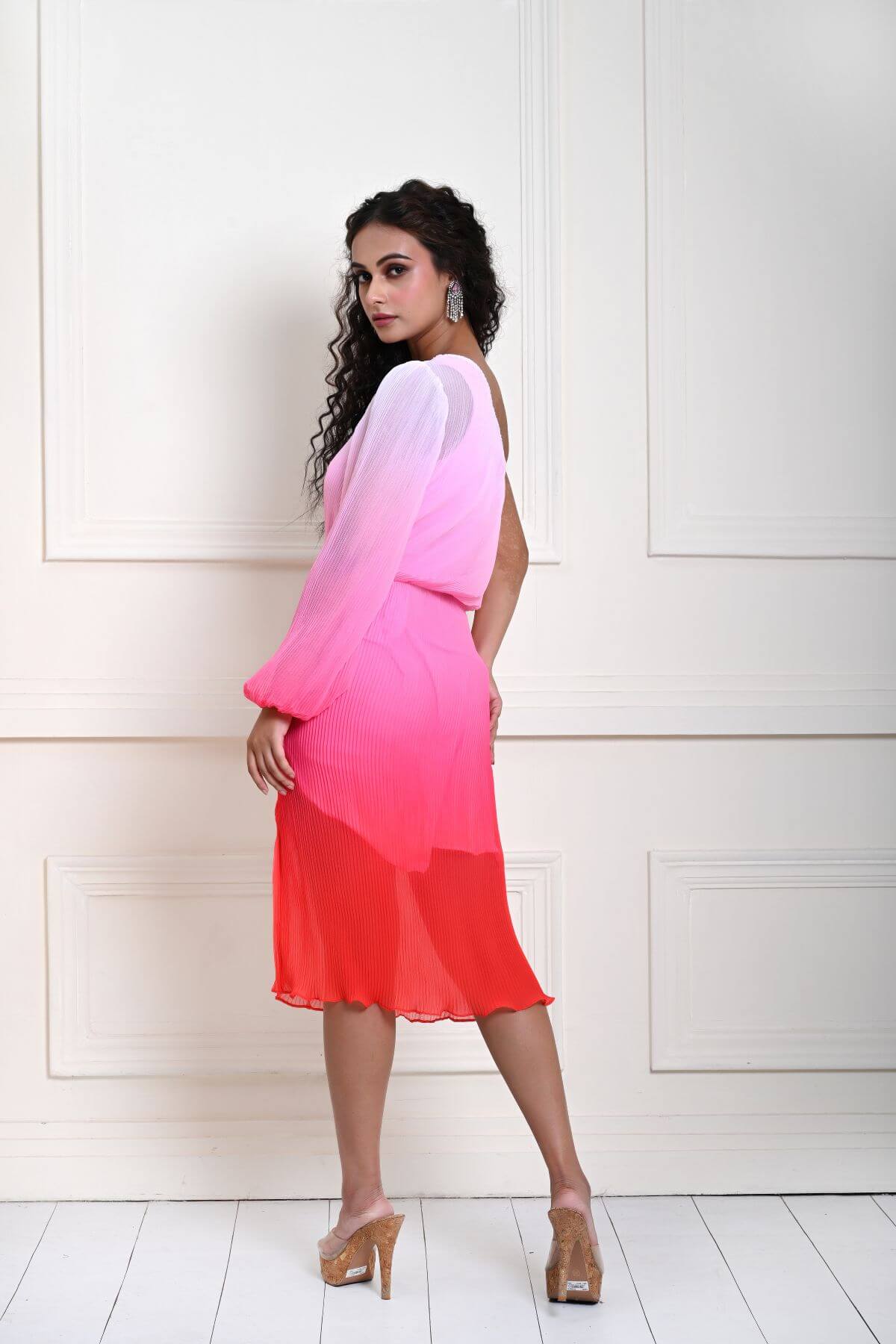 Pink Ombre One-Shoulder Knee Length Dress with Side Slit
