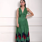 Green Printed Pure Silk Evening Gown 