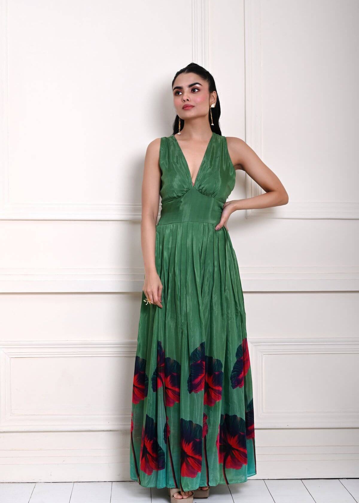 Green Printed Pure Silk Evening Gown 