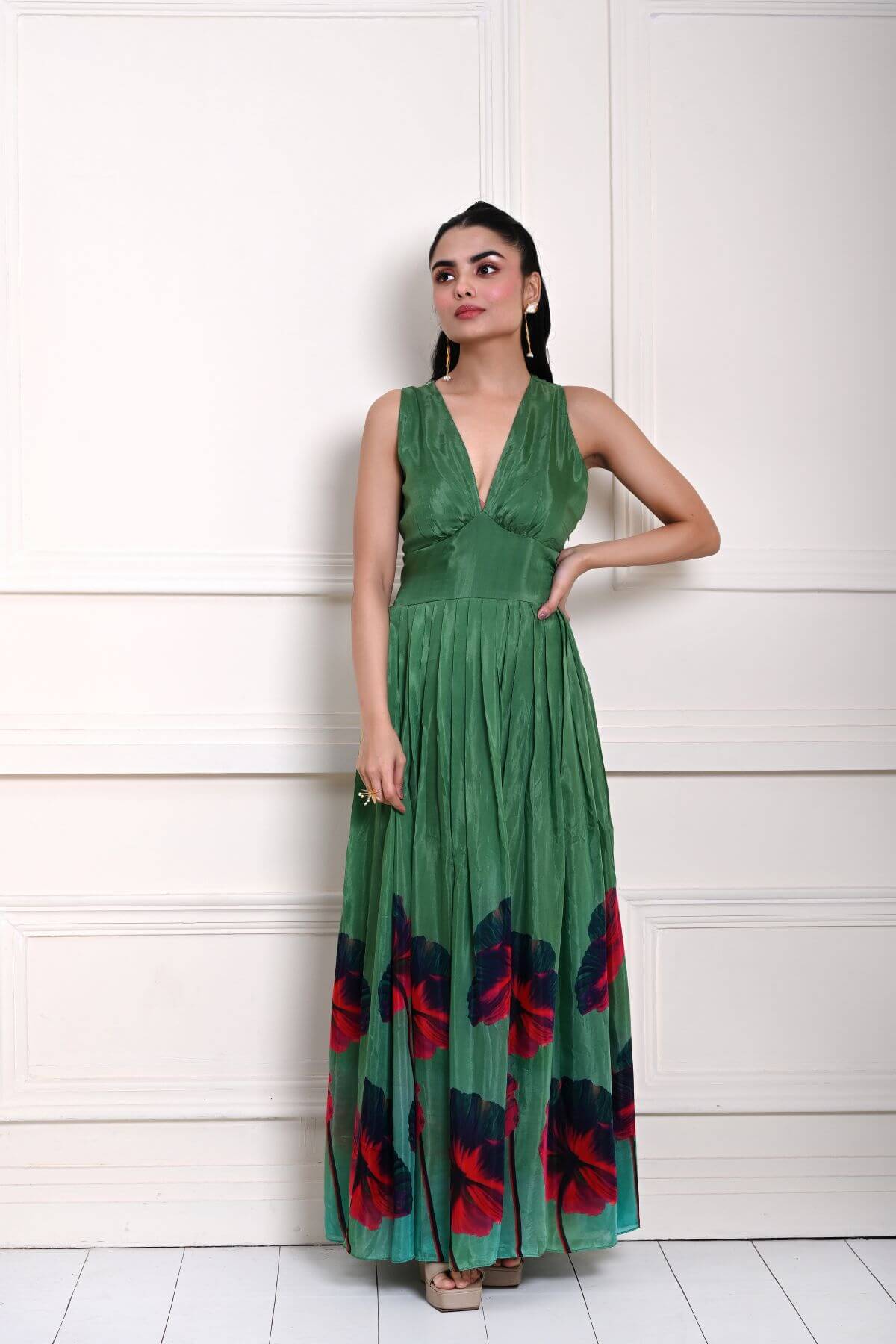 Green Printed Pure Silk Evening Gown 