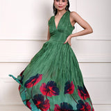 Green Printed Pure Silk Evening Gown 