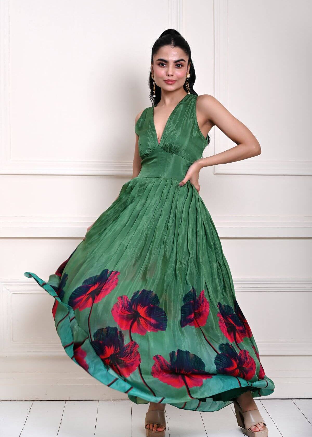 Green Printed Pure Silk Evening Gown 