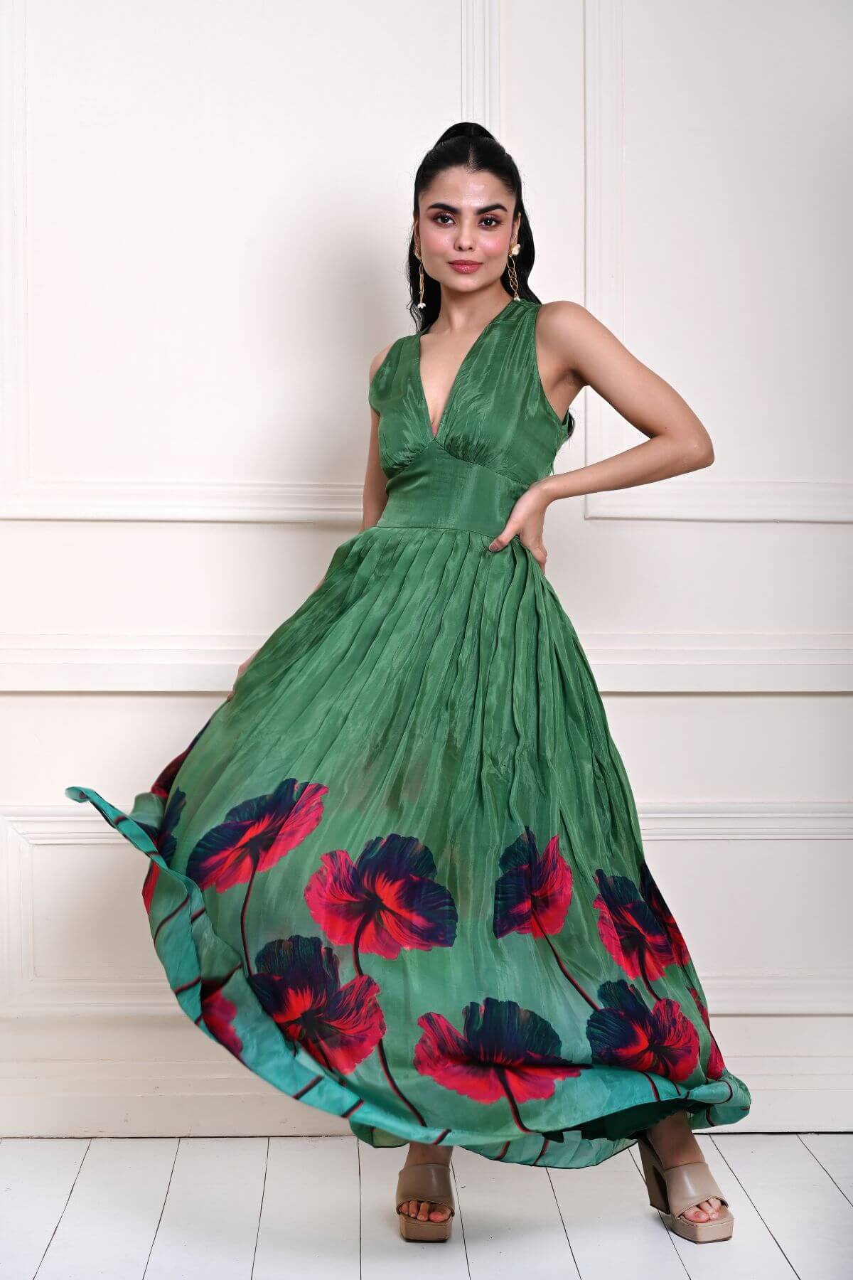 Green Printed Pure Silk Evening Gown 