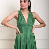 Green Printed Pure Silk Evening Gown 