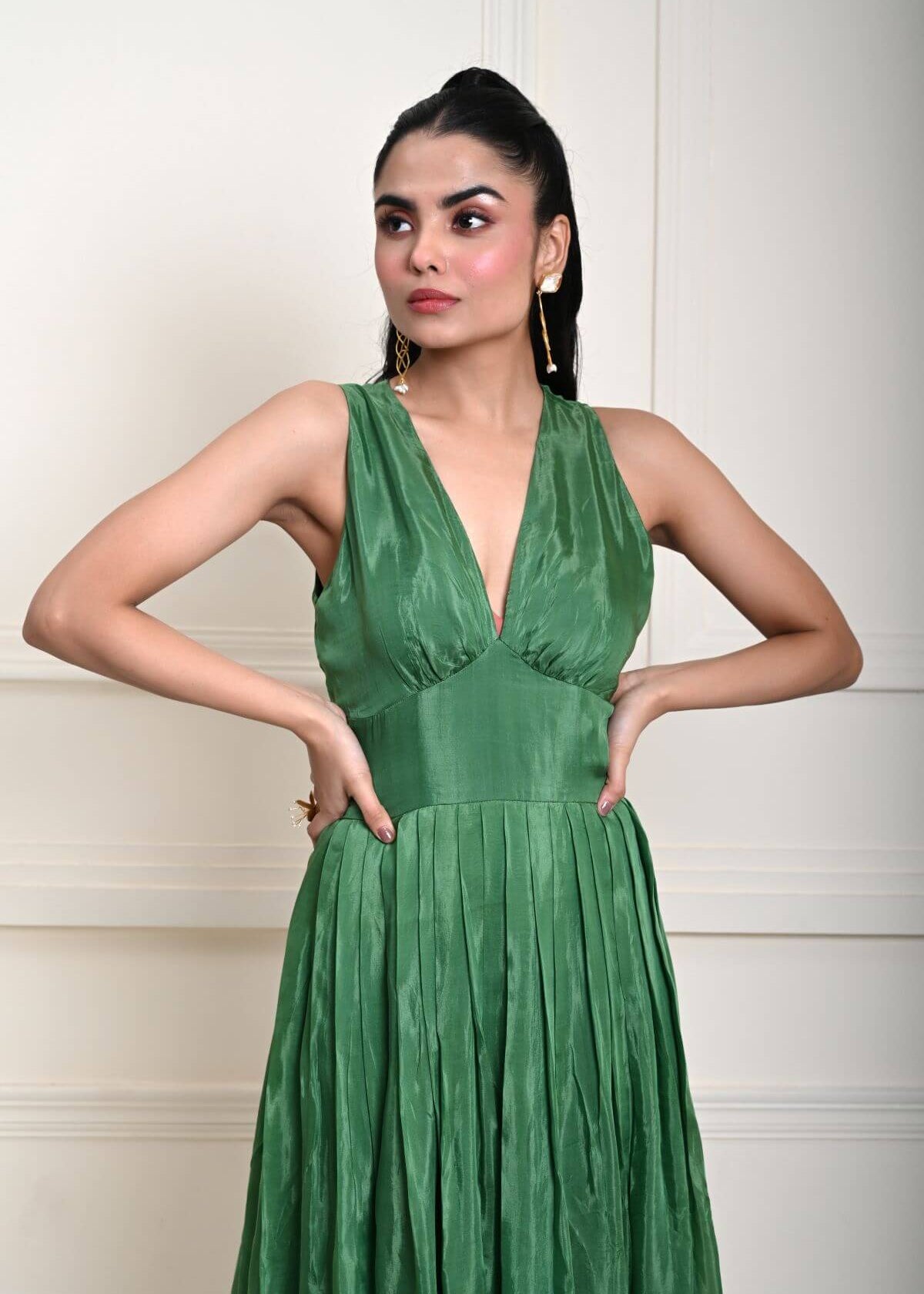 Green Printed Pure Silk Evening Gown 