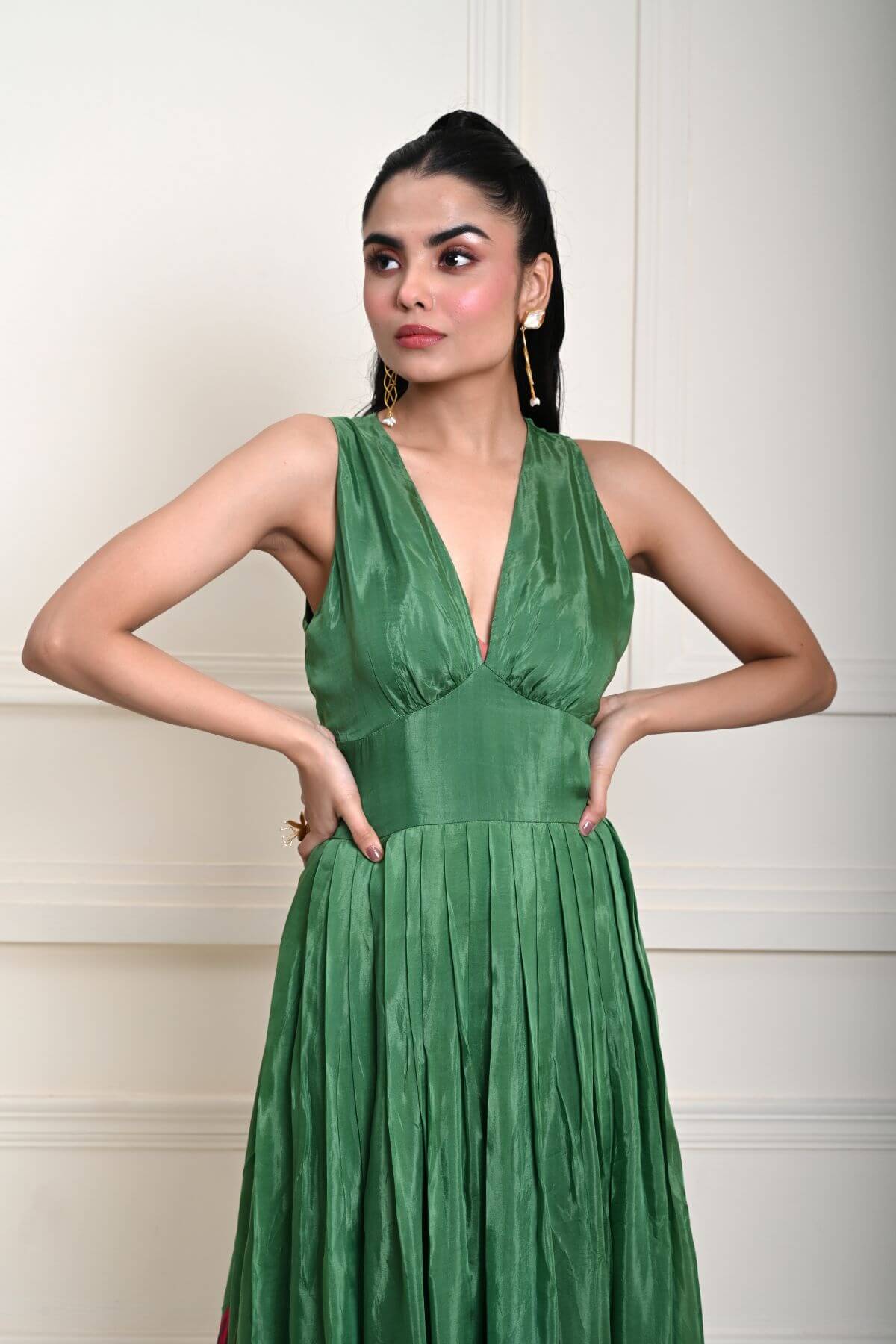 Green Printed Pure Silk Evening Gown 