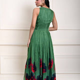 Green Printed Pure Silk Evening Gown 