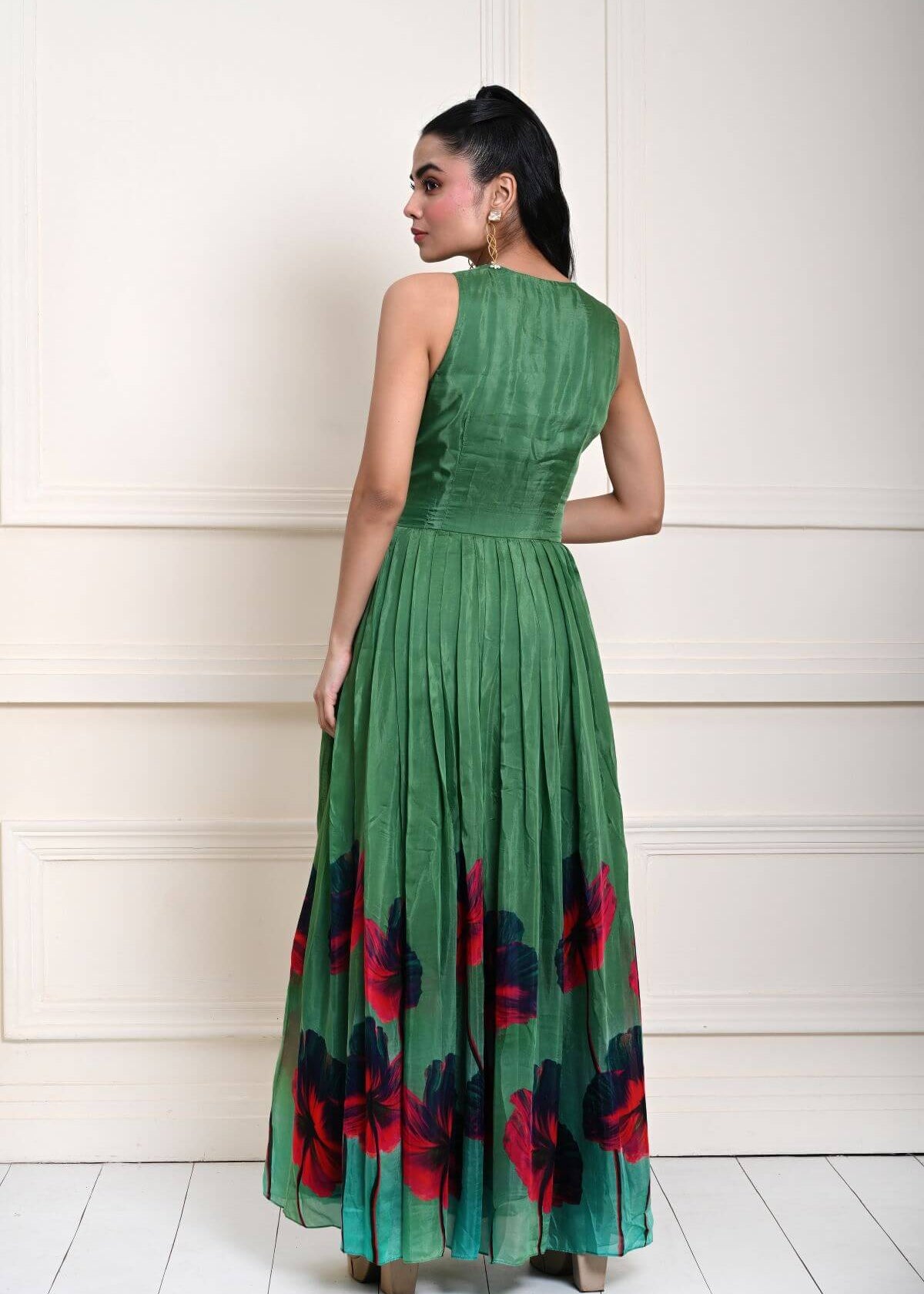 Green Printed Pure Silk Evening Gown 