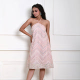 Light Pink Halter Neck Knee Length Dress with Mirror Work