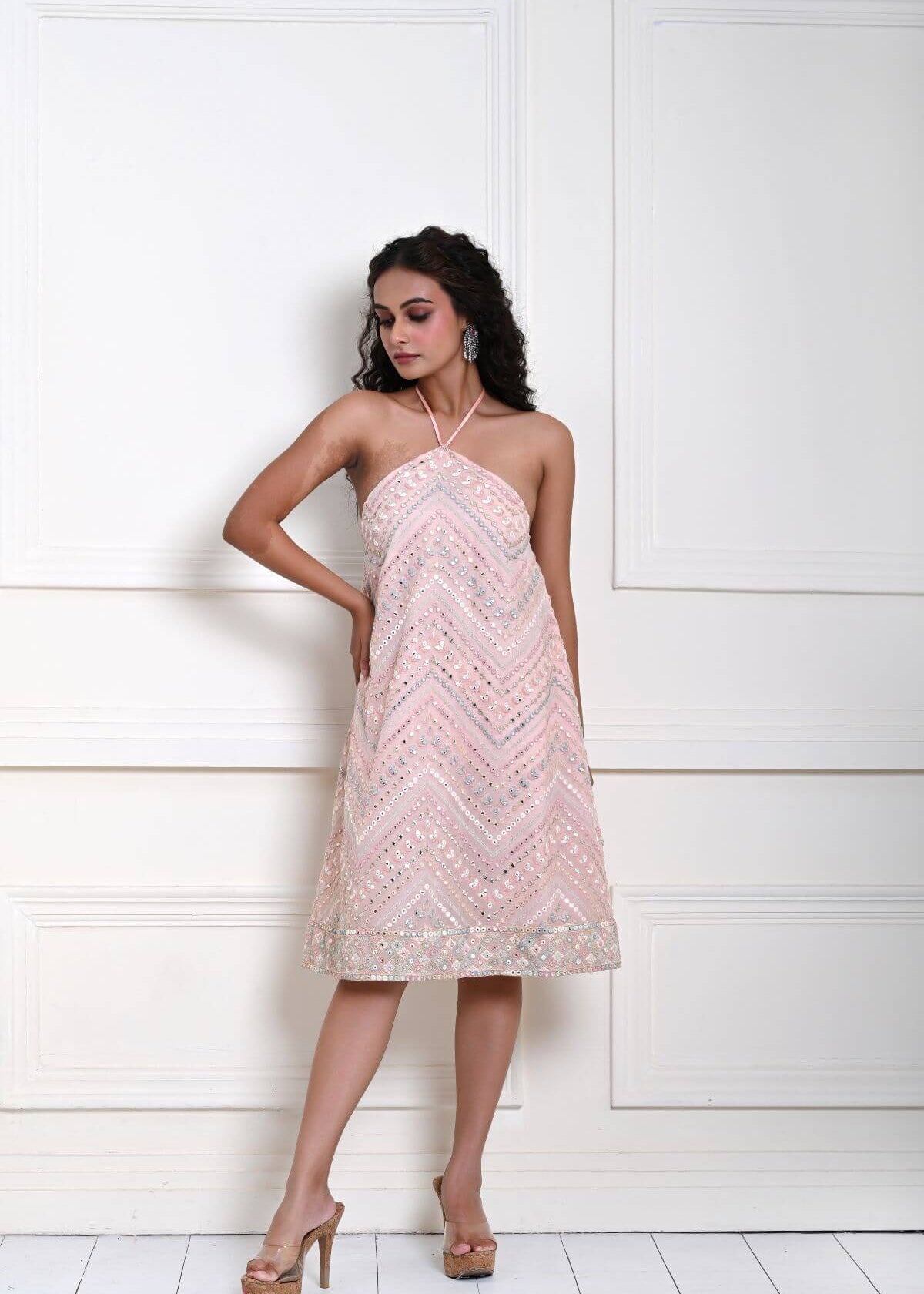 Light Pink Halter Neck Knee Length Dress with Mirror Work