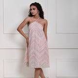 Light Pink Halter Neck Knee Length Dress with Mirror Work